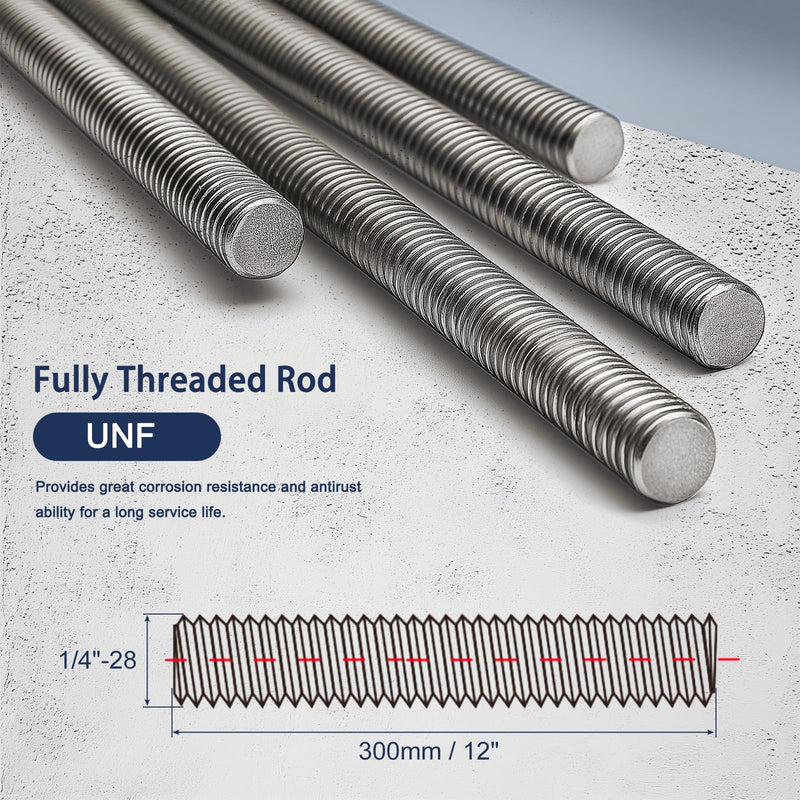 [Australia - AusPower] - 1/4"-28 Fully All Threaded Rod & Studs, 12" Length, 304 Stainless Steel Right Hand Fine Thread Screw for Furniture Anchor Bolts, Clamps, Hangers and U-Bolts 2 Pack 1/4"-28 x 12" 