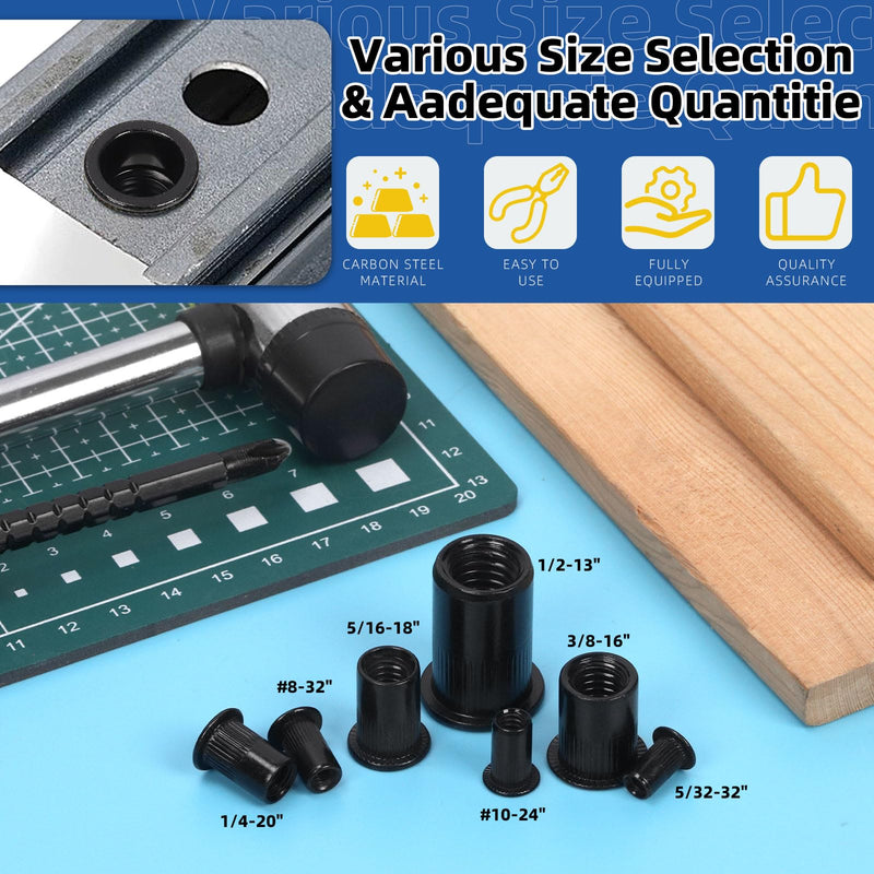[Australia - AusPower] - Glarks 30Pcs 1/2”-13UNC Rivet Nuts Kit Black Zinc Plated Carbon Steel Flat Head Rivnut Threaded Insert Rivet Nuts Assortment Set 1/2"-13UNC 