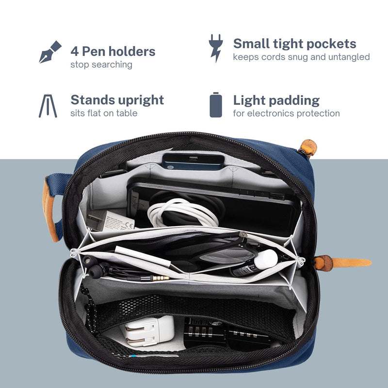 [Australia - AusPower] - Tech Bag Organizer - Small Electronics Organizer Pouch for Travel - Premium Travel Case with Leather Accents - Mesh Pocket for Cables, Cords and Chargers (Navy) Navy 