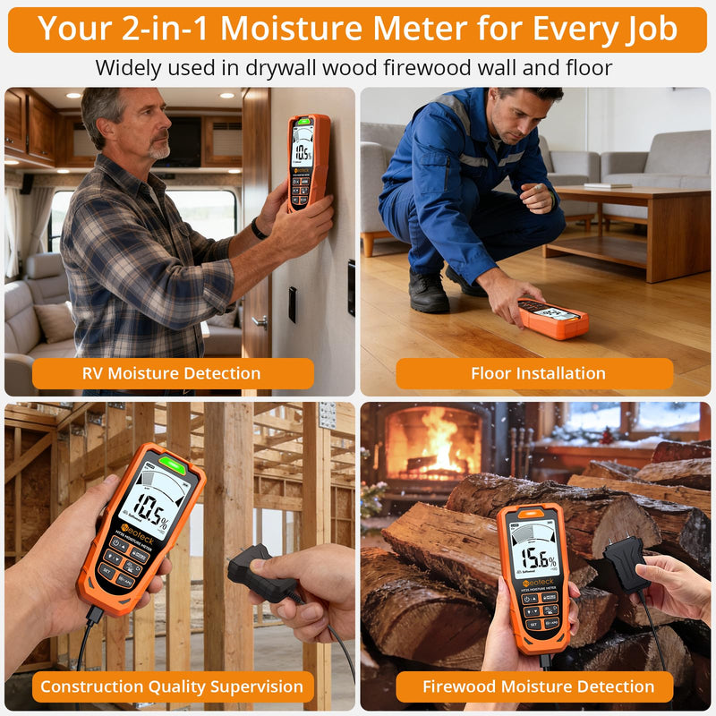 Neoteck 2 in 1 Moisture Meter 19mm Inductive Depth Wood Moisture Meter with ±2% Accuracy Rechargeable Pinless Moisture Meter for Soft/Hard Wood Drywall Plaster Screed Concrete