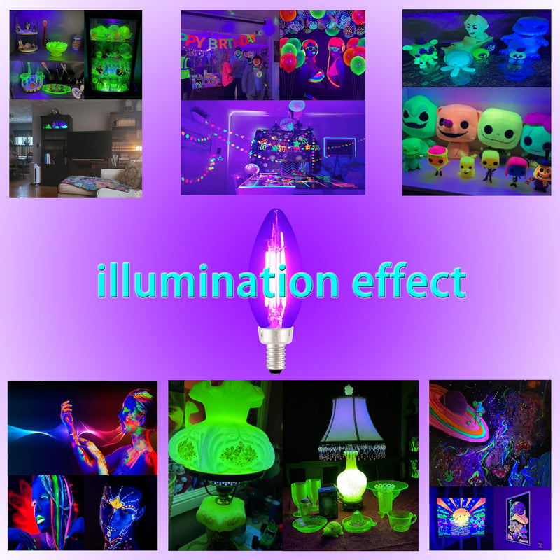 TITO 6 Pack E12 B11 395nm Dimmable Candle Black Light Bulbs Halloween Party | 4.5W Filament Candelabra Bulb 60W Equivalent｜360° Full Glow｜Low Heat｜Glow Party Fluorescent Decor Uranium Glass Curio Display