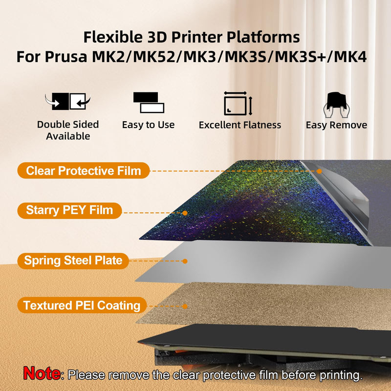[Australia - AusPower] - Upgrade Platform for Prusa i3 MK3 Build Plate, Double Sided Smooth PEO+Textured PEI Spring Steel Flexible PEI Sheet 241x253.8mm for Prusa I3 MK2 2.5S MK52 MK3S MK3S+ MK4 3D Printer PEO PEI (No Magnetic Plate) 