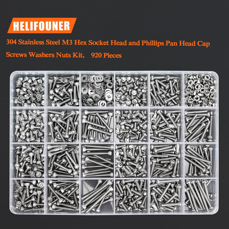 [Australia - AusPower] - 920 Pieces 304 Stainless Steel M3 x 4mm /6mm /8mm /10mm /12mm /14mm /16mm /18mm /20mm /25mm / 30mm, Hex Socket Head and Phillips Pan Head Metric Screws and Nuts Assortment Kit M3 Screw Kit 
