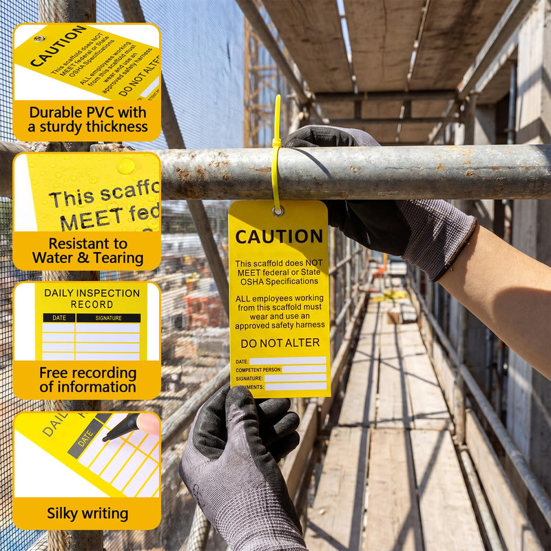 25 Pack Scaffold Status Tags with Cable Ties Yellow Caution Scaffold Tag Laminated Cardstock Safety Inspection Warning Signs 3 x 6 Inches, Weatherproof Tear-Resistant Yellow Tags