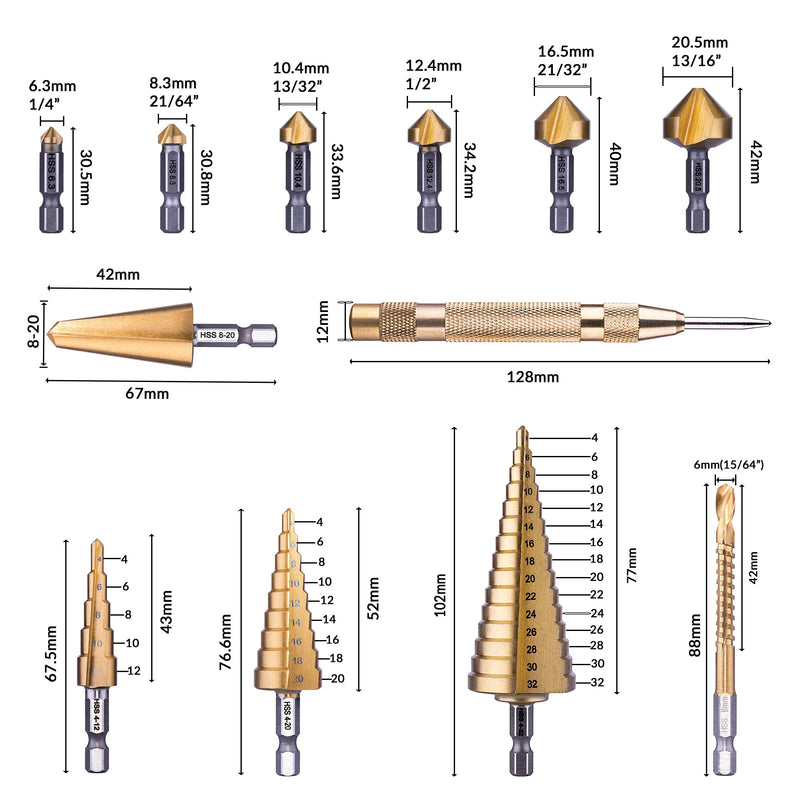 NordWolf 12-Piece HSS Titanium Metric Step, Countersink, Cone Drills with 1/4" Hex Shank, Multi Drill Saw & Automatic Center Punch Set in Storage Case 12 pcs