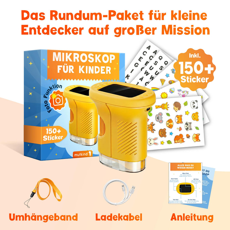 Mutkind® Digital Microscope for Children [1000X Magnification & Photo Function] - Portable Pocket Microscope for Garden, Forest & Experiments - Children's Microscope Toy [HD Screen & 150+ Stickers] yellow