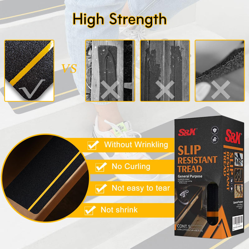 S&X 10-Pack Outdoor Stair Treads Non Slip - Pre-Cut Anti Slip Tape 6” x 24” - Reflective Non Skid Grip Tape for Stairs, Steps, Decks, Ramps 6" x 24" Reflective/Black