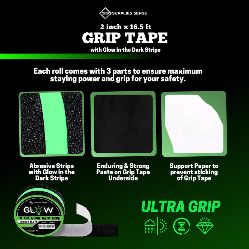 Supplies Sense Anti-Slip Grip Tape Strips 2" x16.5ft, Non-Slip Traction Tape, Weatherproof Safety Adhesive Grip Treads with Glow in The Dark Strip, in/Outdoor Abrasive Tape for Stairs, Non-Skid Steps