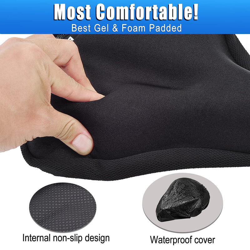 Thick & Wide Gel Bike Seat Cushion Pad with Rainproof Cover - Comfortable Silicone Gel Memory Foam Bicycle Saddle Seat Cushion with UV Protection L ( 10"W x 11"L)