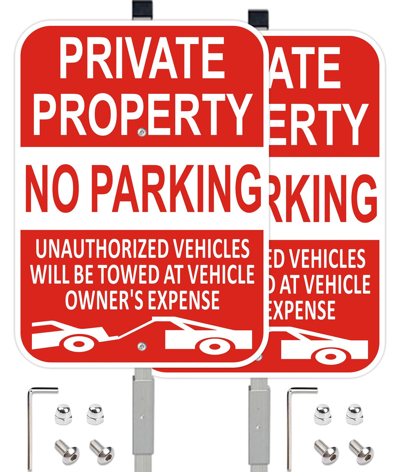 (2 Pack) Large Private Property No Parking Sign with Stake 36" Tall | 14" x 10" Vehicle Towed At Owner's Expense Sign, Reflective Rust Free Aluminum, UV Protected, Fade Resistance, Easy to install 2Pack 36x10 with Stake