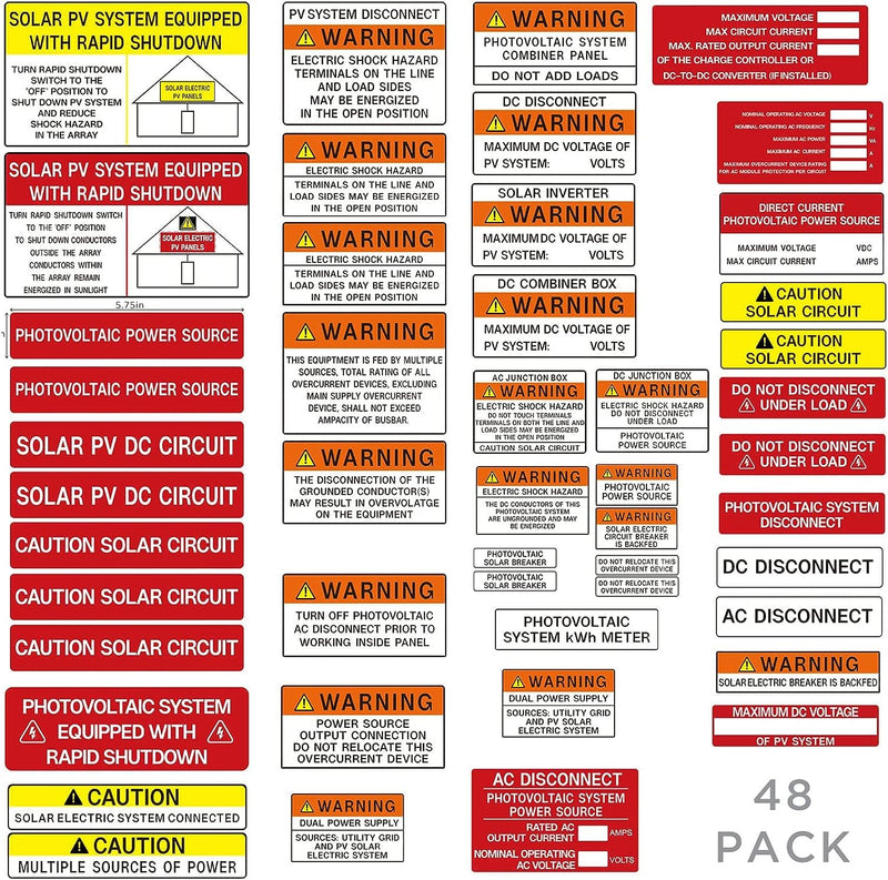 Photovoltaic Solar System Installer Label Kit | 2020 | 2017 Code | Electrical Panel Safety Stickers | PV Power Source Warning Set | Caution Solar Circuit | Outdoor Durability (5 Set of 48 Pack)