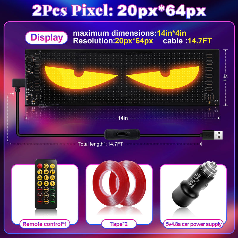 Sachie Devil's Eye 2-Pack:5800 Lux High-Brightness14 x4.3 Programmable ojos led para carro Windshield Display for Sedans, SUVs & Medium Trucks - USB-Powered LED Matrix Panel, Remote/App Control 14x4.3 Inch-2PCS