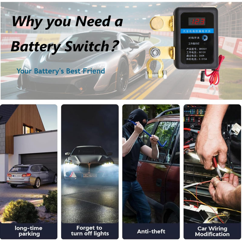Kill Switch-Smart Remote Car Battery Disconnect Switch Device for Vehicle, RV, ATV, Truck, Boats (with LED) 12v with Remote Control Black