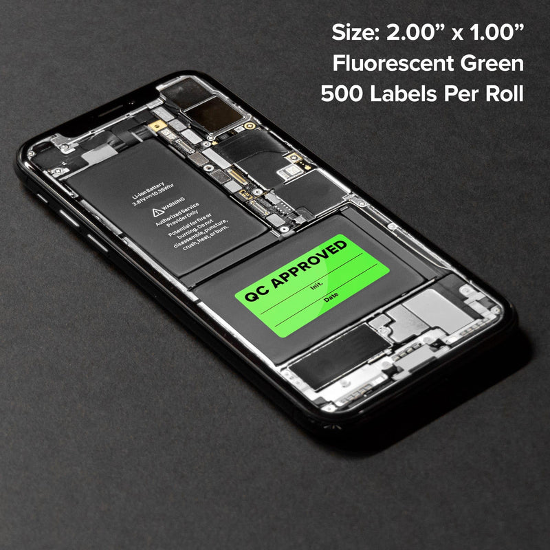QC Approved Quality Control Labels, 2" x 1", Bright Green, 500 Labels per Roll, Permanent Adhesive for Inspection & Inventory Use