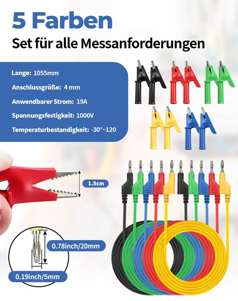 Multimeter Test Leads Banana Plugs Alligator Clips Set 5 Colors 105cm | Test Leads Banana Plugs + 10 Clips Silicone Cable Test Cables for Multimeters, Automotive Electrical Appliances, Laboratory & Testing, Multicolor
