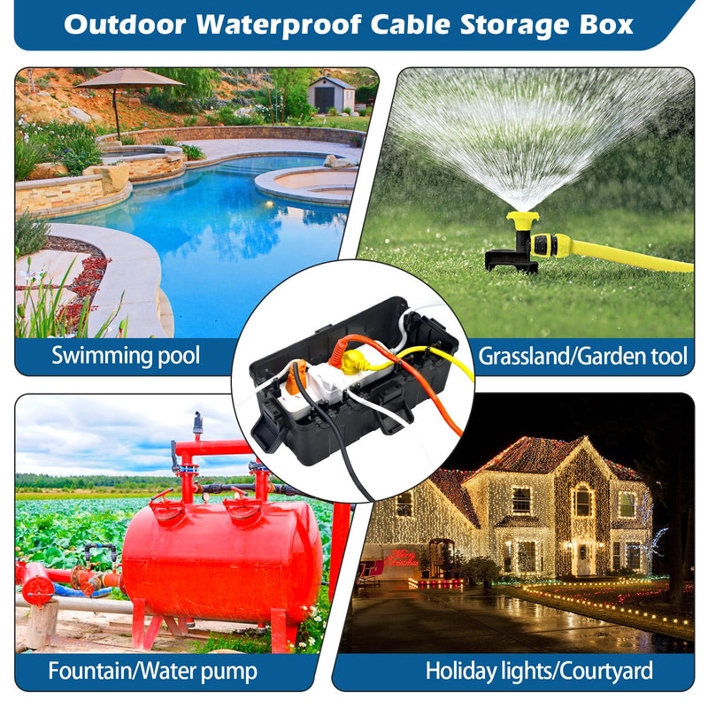 [Australia - AusPower] - Medium Outdoor Electrical Box(10.6x5.7x5inch),Weatherproof Connection Box w/6 Cable Entry,IP54 Waterproof Extension Cord Cover Protect Power Strip,Timer,Plug,Holiday Lights,Black Black 