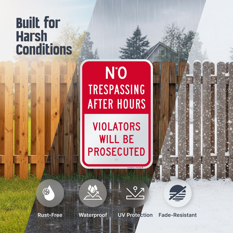 SmartSign No Trespassing After Hours Violators Prosecuted Sign - 2-Pack, 12" x 18", 80 mil Thick Aluminum Composite (ACM), Pre-Drilled Holes, Red and White, Made in USA 12" x 18" - AL ACM (Pack of 2)