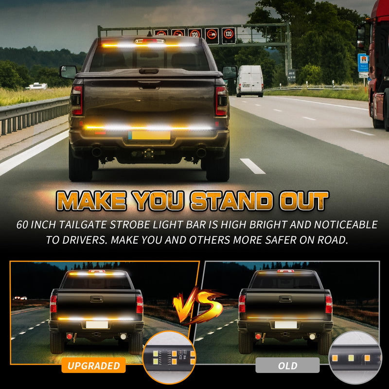 XRIDONSEN 48 inch Truck Tailgate Strobe Lights Strip Rear Window Lights 288 LED Tail Emergency Light Bar Amber White Flashing Warning Hazard Safety for Plow Trucks Construction Vehicles Pickup Trailer Amber/White