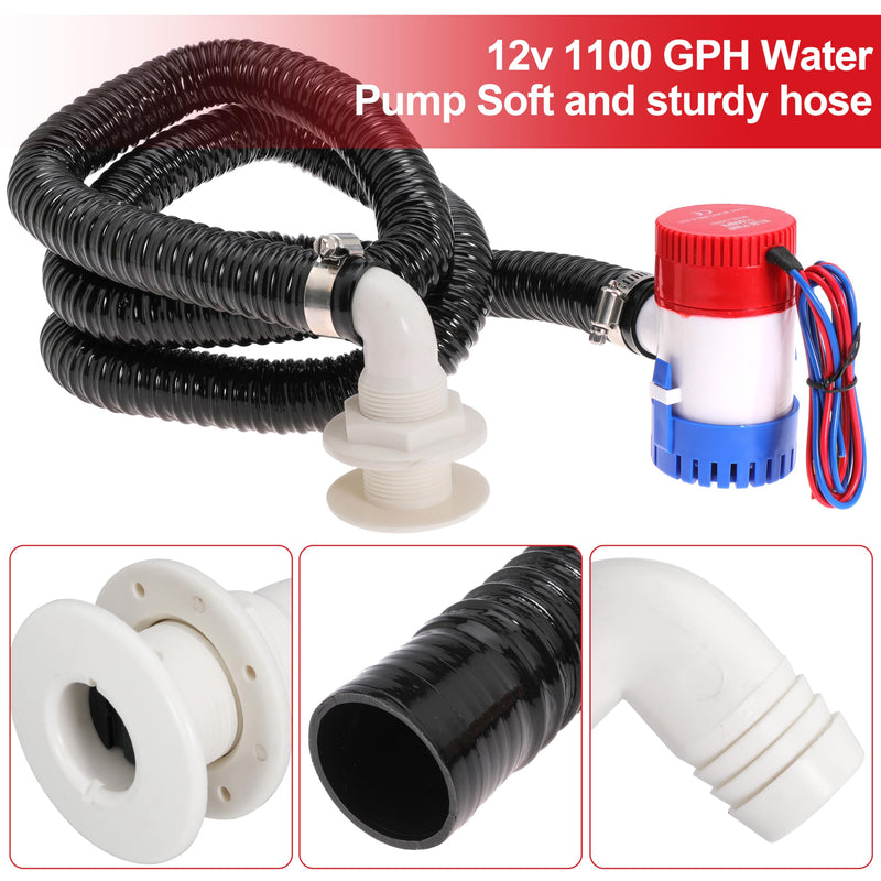 Boat Bilge Plumbing Kit 1-1/8 Inch Dia 12V Non-automatic Bilge Pump kit 1100 GPH with 6FT PVC Bilge Pump Hose (90 Degree Elbow) 90 Degree Elbow