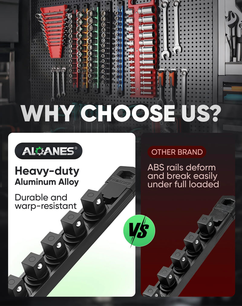 ALOANES Magnetic Socket Organizer Set, 3-Piece Heavy Duty Aluminum Socket Rails, 360° Swivel Clips Socket Rail Kit for Tool Tray Drawer Fit 1/2, 3/8, 1/4-Inch x 40 Clips (Black, 3PC)