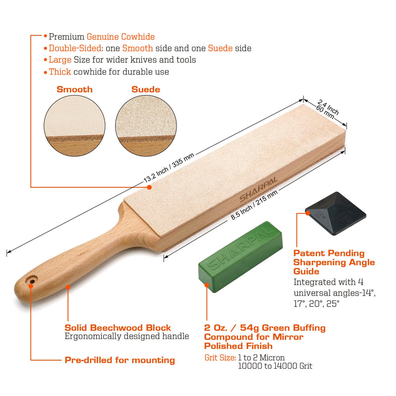 [Australia - AusPower] - SHARPAL 205H Double-sided Leather Strop (Genuine Cowhide) 13.2" x 2.4" Kit with 2 Oz. Polishing Compound & Angle Guide, Knife Stropping Block for Sharpening & Honing Knives tools, Woodcarving Chisels Double-Sided Leather Strop with Compound 