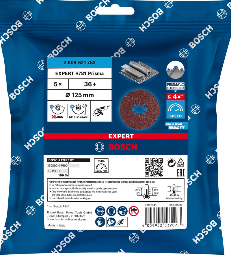 [Australia - AusPower] - Bosch 5 x Expert R781 Prism Ceramic X-LOCK Fibre Discs (for Steel, Stainless Steel Sheets, Diameter 125 mm, Grit 36, Professional Accessories, Small Angle Grinder) Ø 125 mm Pack of 5 