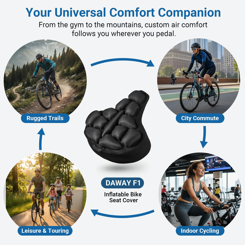 [Australia - AusPower] - DAWAY F1 3D Inflatable Air Bike Seat Cushion Cover – Large, Wide Bike Saddle Cover, Shock-Absorbing & Breathable Adjustable Comfort Pad for Peloton, Indoor, Road, Mountain, Outdoor Bikes & Commuting 