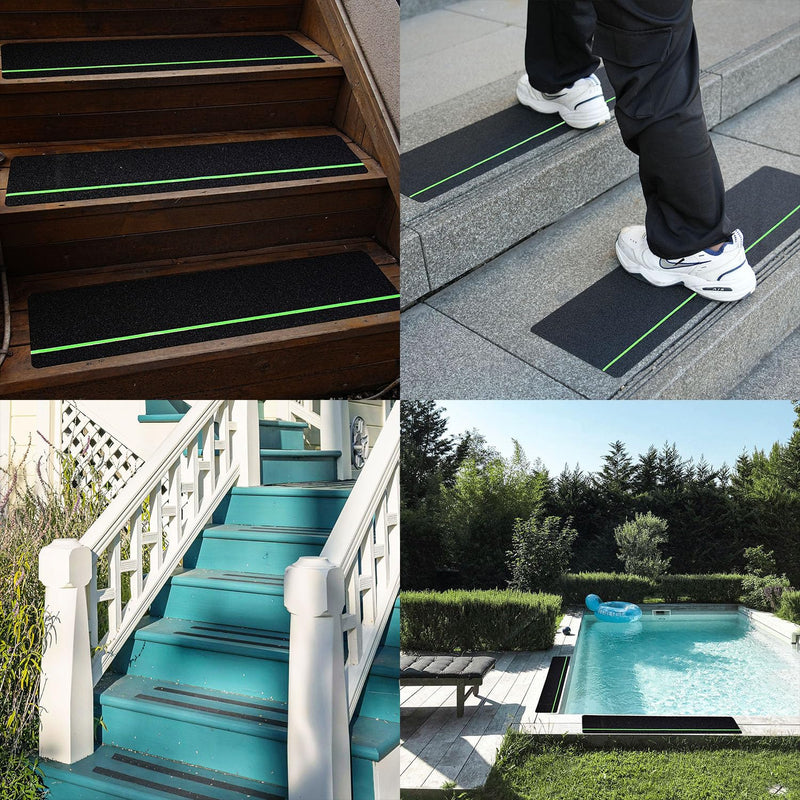 COSIMIXO 30" X 6"(10-Pack) Anti Slip Traction Treads with Glow in The Dark Stripe,Best Grip Tape Non Skid, Outdoor Anti-Skid Tape, High Traction Friction Abrasive Adhesive for Stairs Step 30''x6''-10-pack