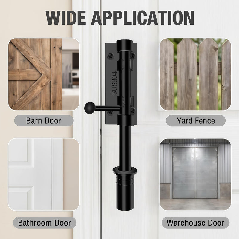 Barrel Bolt Latch,6.3 inch Slide Bolt Gate Latch,14mm Bolt Heavy Duty Shed Door Latch,304 Stainless Steel Black Finish Door Lock Latch for Barn, Wooden Fence, Slide,Door (2, Black-7.7inch) 2