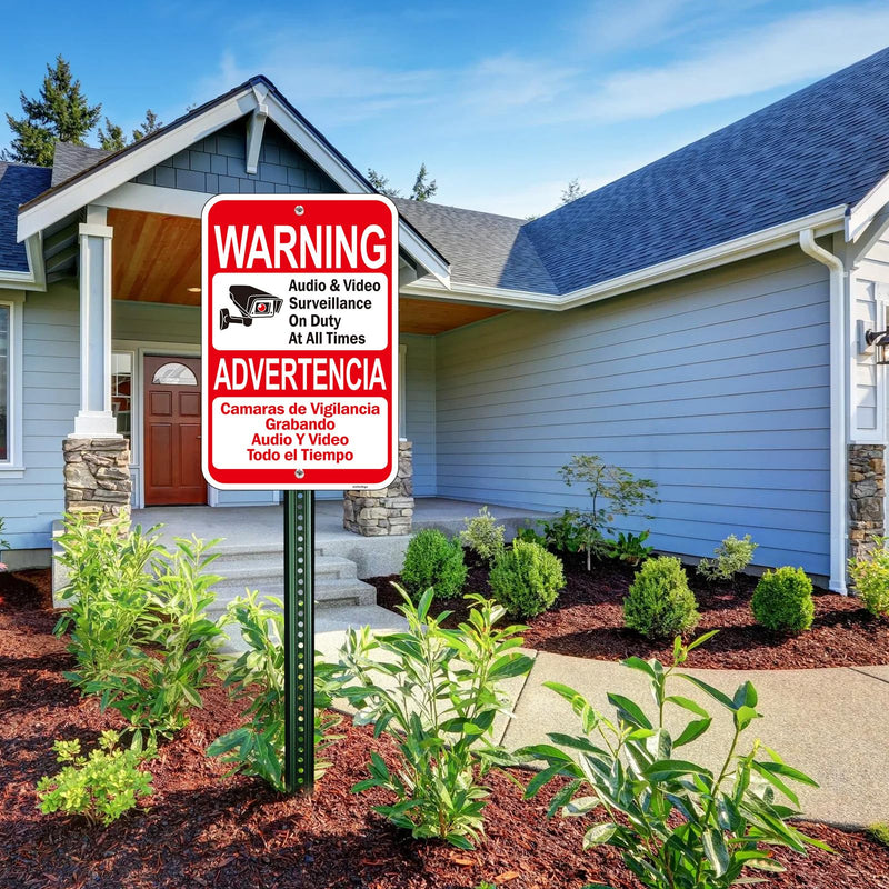 2 Pack Large Audio & Video Surveillance on Duty at All Times Bilingual Signs, 18"x12" Engineer Grade Rust Free Reflective Aluminum, Fade/Weather Resistant, UV Protected, Easy to Install