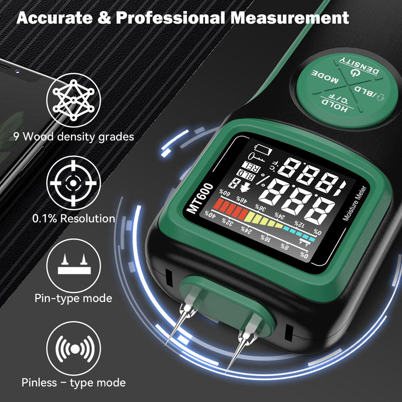 [Australia - AusPower] - Wood Moisture Meters, Pin & Pinless 2 in 1 Moisture Detector with Upgraded Sensor & Backlit Screen, 9 Calibration for Moisture Detection in Wood, Detector for Lumber Concrete Building(Green) Green 