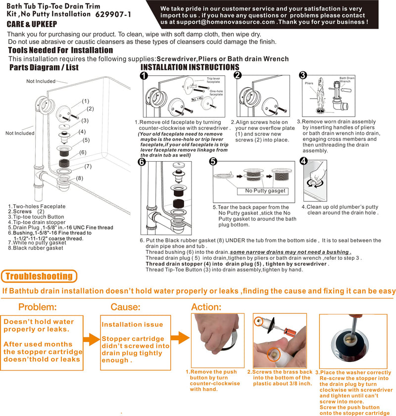 Tip-Toe Tub Trim Set with Two-Hole Overflow Faceplate and No Plumber’s Gasket, Replacement Bath Drain Trim Kit with Universal Fine/Coarse Thread, No Putty Installation by Artiwell (Champagne Bronze) Champagne Bronze