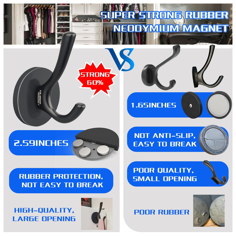 [Australia - AusPower] - ULIBERMAGNET Strong Magnetic Double Hooks, 2 Pack Heavy Duty Sturdy Coat Magnetic Hooks, Rubber Magnets Large Hooks for Coat Robe Towel Key Hat (Black) Black 