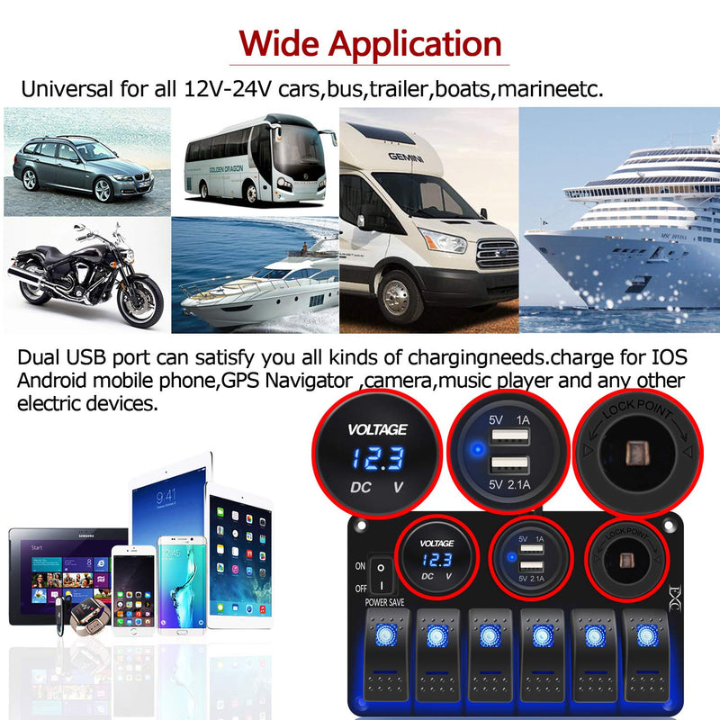 FXC Waterproof Marine Boat Rocker Switch Panel 6 Gang with 3.1A Dual USB Slot Socket + Cigarette Lighter +LED Voltmeter with Power-Save for Car Rv Vehicles Truck (6 Gang Blue LED)
