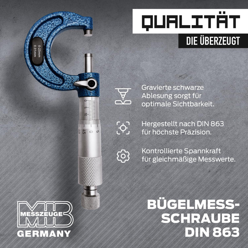 [Australia - AusPower] - MIB Outside Micrometer DIN 863, Painted Shackle | Precision Tool | Micrometer with HM Measuring Surfaces | Measuring & Plan Tools | Diameter Measuring Device | Measuring Range 0-25 mm | Includes 
