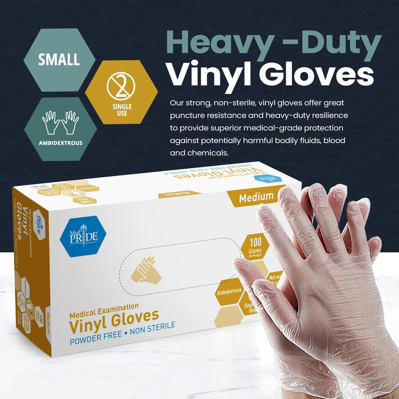 [Australia - AusPower] - MED PRIDE Disposable Medical Grade Vinyl Exam Gloves, Latex & Powder Free, Ultra-Strong, for Healthcare & Food Handling (Medium (Pack of 100) 100 Clear) Medium (Pack of 100) 