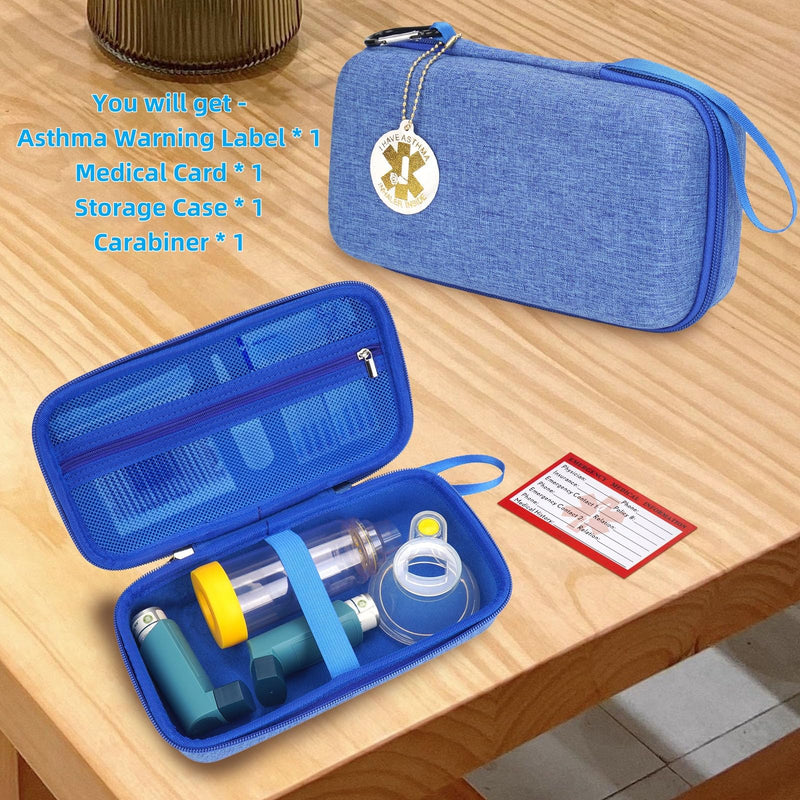 [Australia - AusPower] - YouKnow Travel Carrying Case for Asthma Inhaler, Inhaler Spacer for Adults and Children, Mask, Inhaler Holder with Asthma Warning Label and Medical Card, with Carabiner (Case Only) (Blue) Blue 