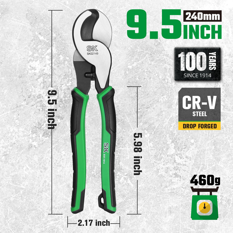 SK 9.5-Inch Cable Cutter, Heavy-Duty Wire Cutter, High Leverage Cable Cutting Pliers with Knurled Handle, Premium CR-V Steel, for Aluminum, Copper, Wire, and Communications Cable