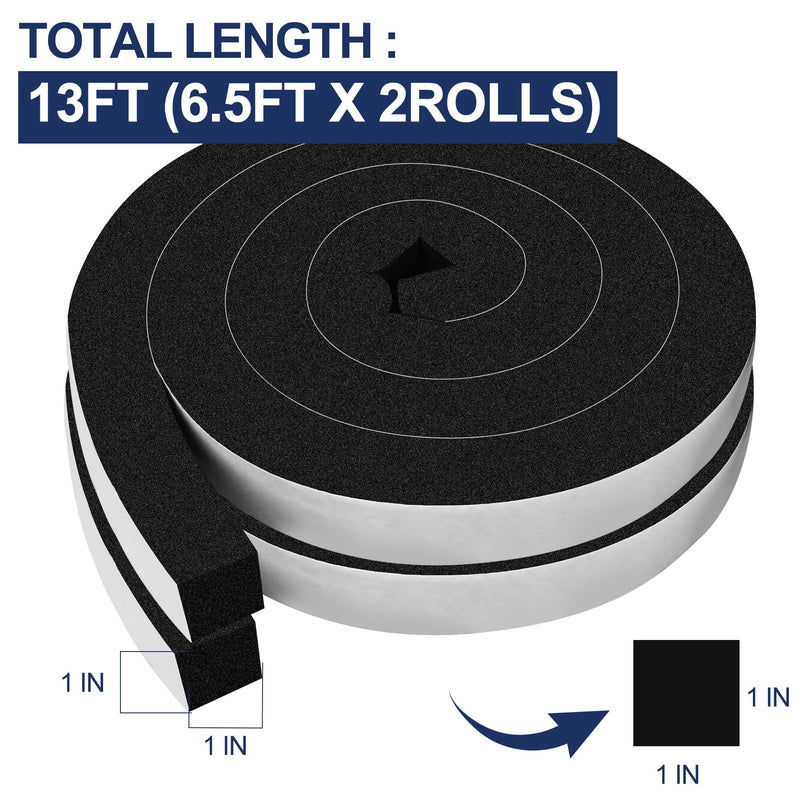 13Ft Foam Tapes Self Adhesive Foam Seal Strips 1In x 1In x 6.5Ft Each Roll Weatherstrips High Resilience Weather Stripping Door Foam Seals for Door Soundproofing, Window Insulation (2 Rolls, Black) 1"W x 1"T x 13'L