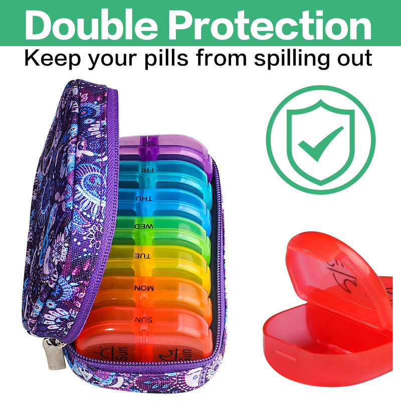 [Australia - AusPower] - Serfeymi Weekly Travel Pill Organizer 2 Times A Day AM PM Upgraded Rainbow Pill Box 7 Day with Portable Zipper Canvas Pill Case, Medicine Organizer for Pills, Vitamins, Fish Oils - Purple 01 1 Set Canvas Case A Canvas Purple 01 