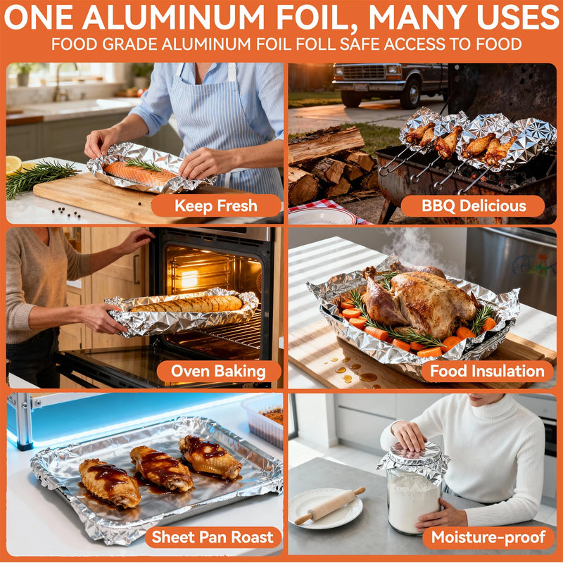 Aluminum Foil Roll, 12in x 190ft Aluminum Foil, Thick Strong Tin Foil with Cutter, Food Safe Cling Wrap for Cooking, Baking, Roasting, Grilling, Freezer Storage