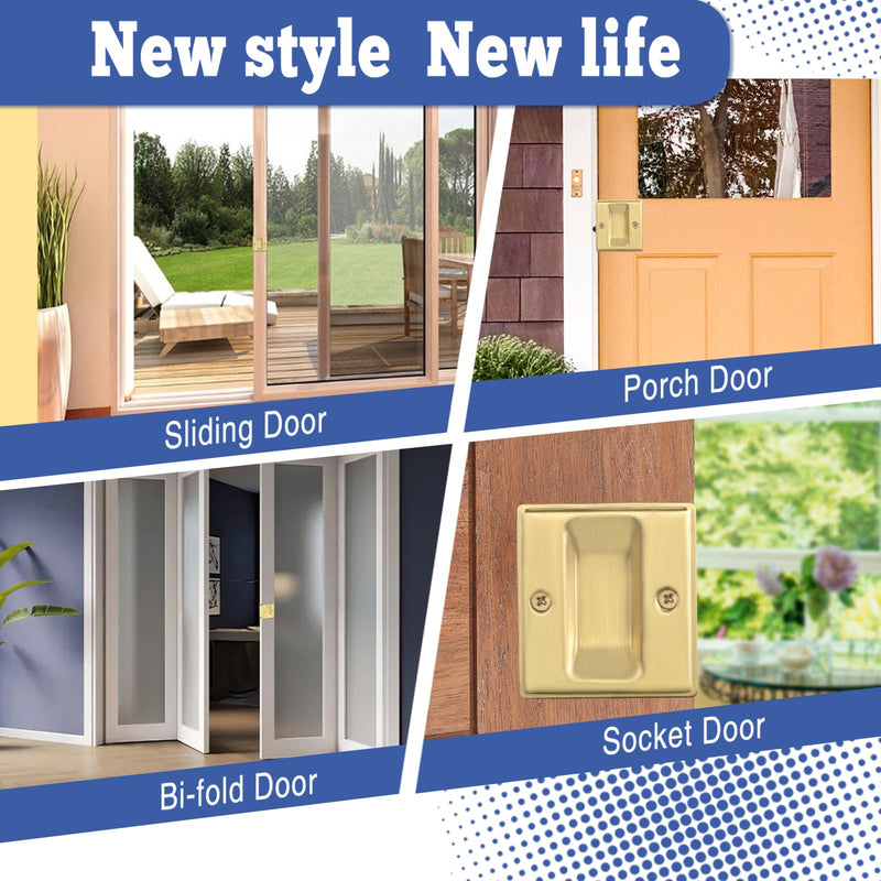 HOMOTEK 4 Pack Privacy Pocket Door Pull Without Switch Plate - Replace Old Or Damaged Passage Sliding Hardware No Lock Quickly and Easily, 2-3/4”x2-1/2”, for 1-3/8” Thickness Door, Brushed Brass No Lock-Brushed Brass