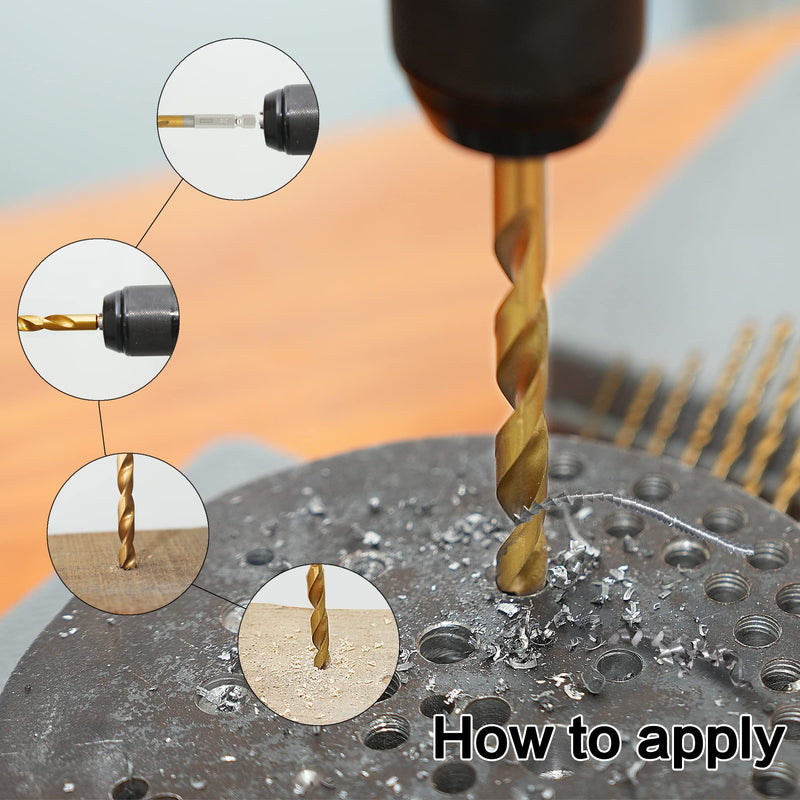 [Australia - AusPower] - 13 Pcs Titanium Coated Twist Hex Shank Drill Bit Set, 135 Degree Tip HSS Impact Drill Bit Set with Storage Case for Metal, Aluminum, Steel, Wood, Plastic, Quick Change Design 1/16" to 1/4" 13PCS 