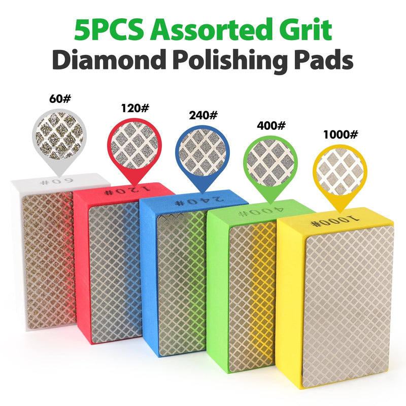 [Australia - AusPower] - Diamond Hand Polishing Pads, 5PCS Diamond Sanding Pads 60/120/240/400/1000 Grit Sanding Block Foam Backing for Tile Glass Stone Marble Granite Ceramics Metal Wet&Dry 