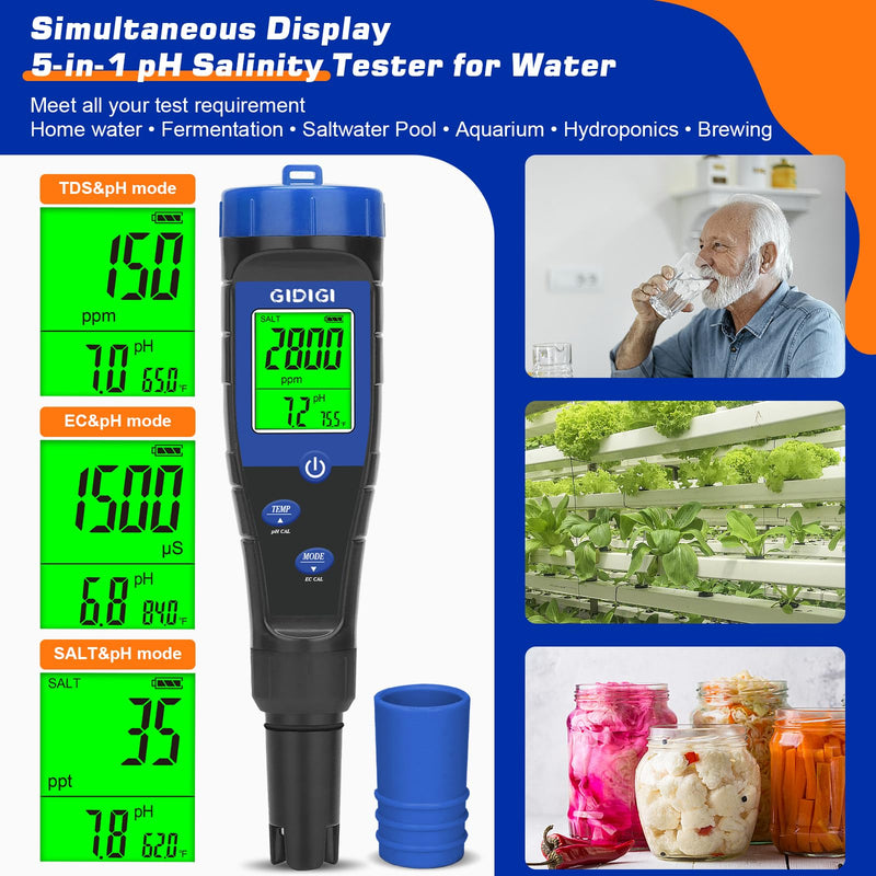 [Australia - AusPower] - Salt Tester for Pool, pH Meter Digital 5-in-1 pH TDS EC Salt Content Meter with Calibration Solution Set, pH ppm Meter for Salt Water Pool, Aquarium, Hot Tub, Spa, Hydroponics, Home Brew 