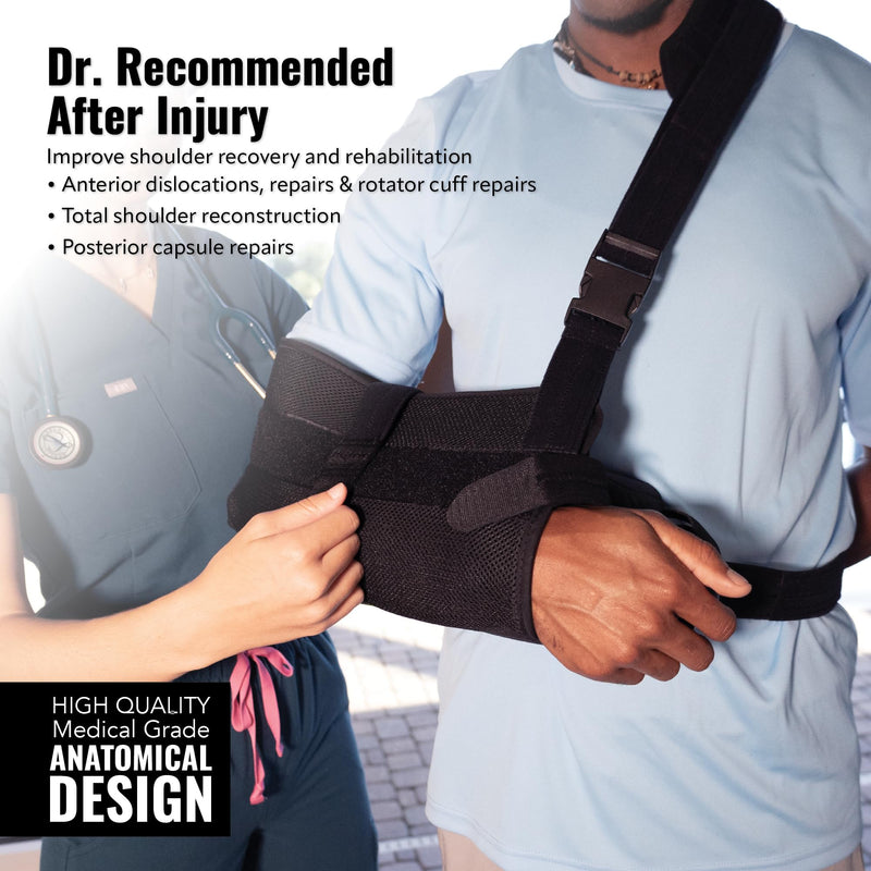 [Australia - AusPower] - PerfectFit Arm Sling Shoulder Immobilizer with Abductor, Medical Grade Support Brace, Rotator Cuff or Surgery Recovery Sling, Shoulder Brace for Men and Women, Large, Black 