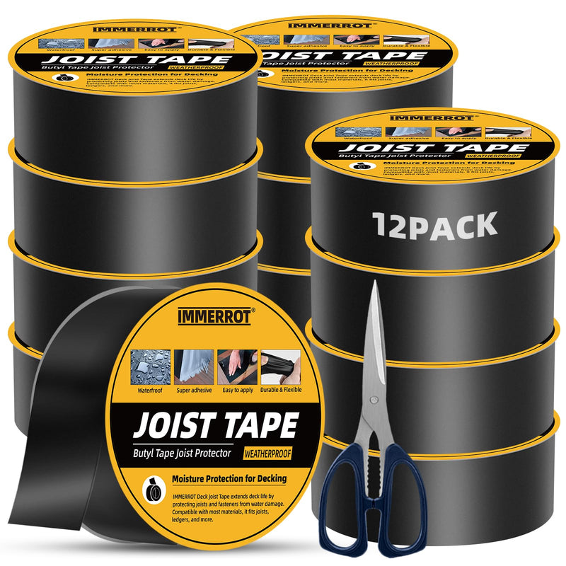 12 Pack Joist Tape for Decking 1-5/8" x 50' Weather-Resistant Butyl Joist Tape, Self Adhesive Deck Flashing Tape for Wood Decks Beams Roof, 1-5/8 inch x 50 feet 12 1-5/8" x 50'