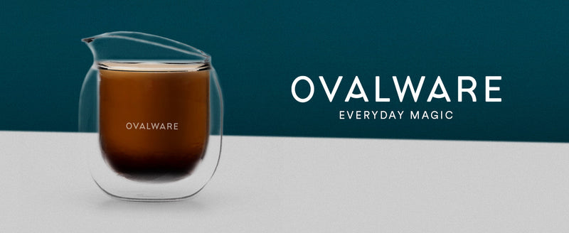 ovalware Espresso Pouring Glass Set of 2 | Double-Wall 2.7oz/80ml Shot Measuring Cup | Heat Protective Comfort | Oval Measurement Dots for Ristretto and Espresso | Drip-Free Precision Spout