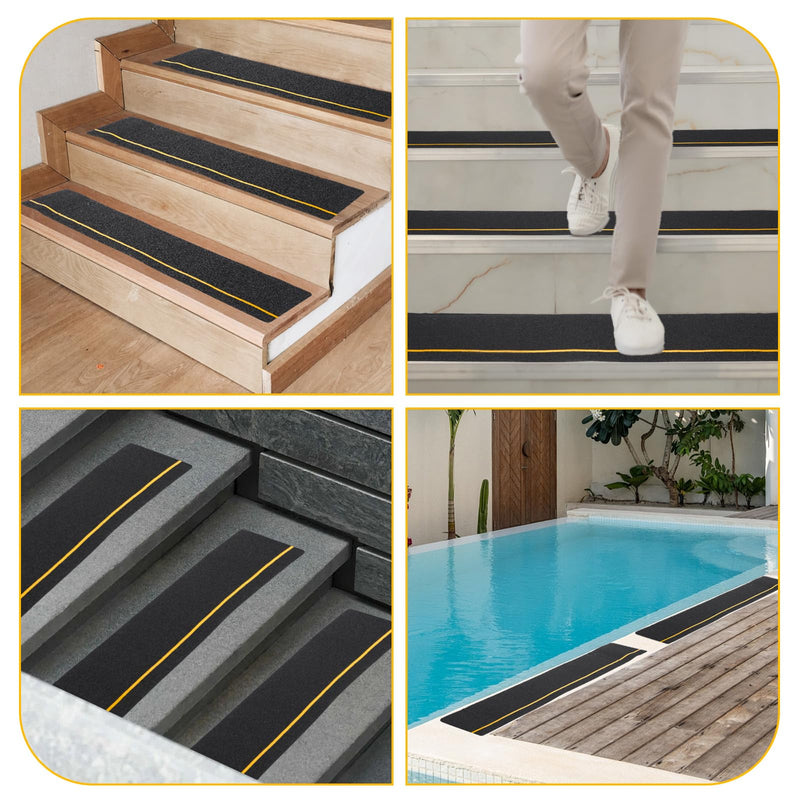 10-Pack 6" X 30" Anti-Slip Stair Treads with Reflective Strips, High Traction Non Skid Grip Tape for Outdoor Wooden Steps, Decks and Ramps