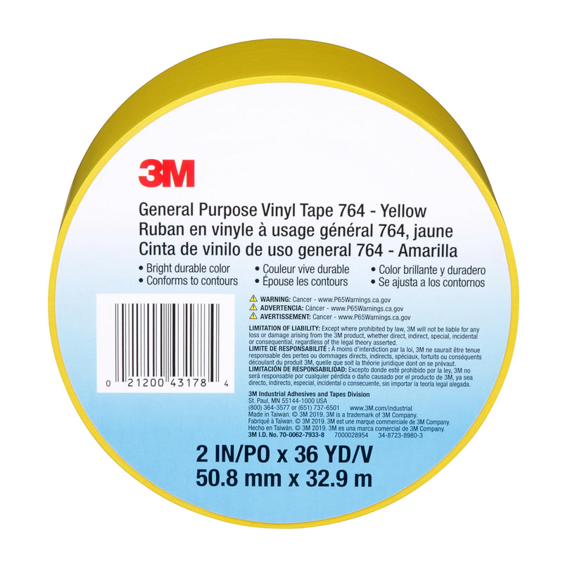 3M Vinyl Tape 764, General Purpose, 2 in x 36 yd, Yellow, 1 Roll, Light Traffic Floor Marking Tape, Social Distancing, Color Coding, Safety, Bundling